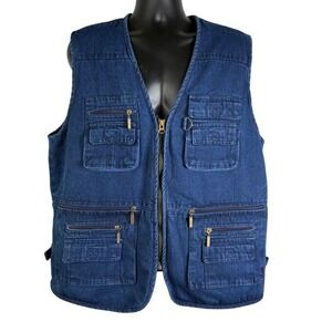OU YA WOLF Men's 2XL Denim Utility Vest Zip Front Multi Pocket Fishing Gorpcore